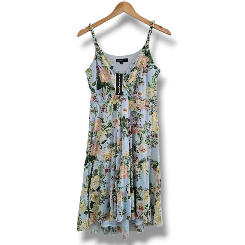 Blue Floral Mesh‎ Tiered Midi Dress S Cottage Fairy Romantic Soft Party Boho NEW